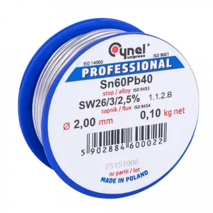 Тинол за запояване Cynel припой Sn60Pb40 2мм 100гр на макара